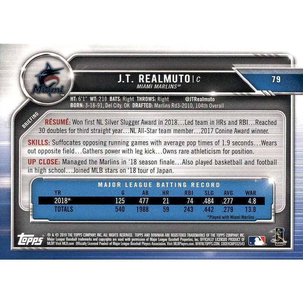 2019 Bowman J.T. Realmuto #79 Miami Marlins